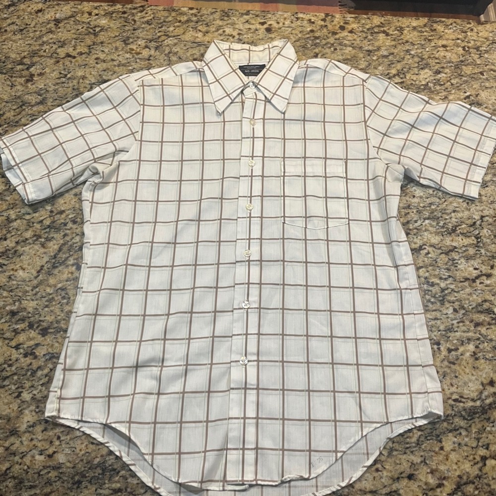 Vintage JCPenney Mens No-Iron Brown Plaid Short Sleeve Button Down Shirt Size 16